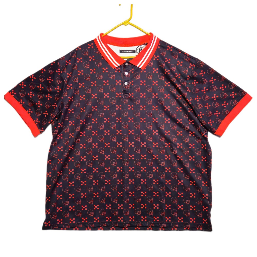 Fashion Nova Men Skull Polo Shirt Mens XXXL Black Red All Over Print FN2535RCBPL